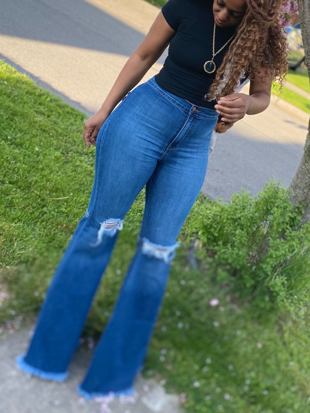 Distressed High-Rise Blue Flare Jeans